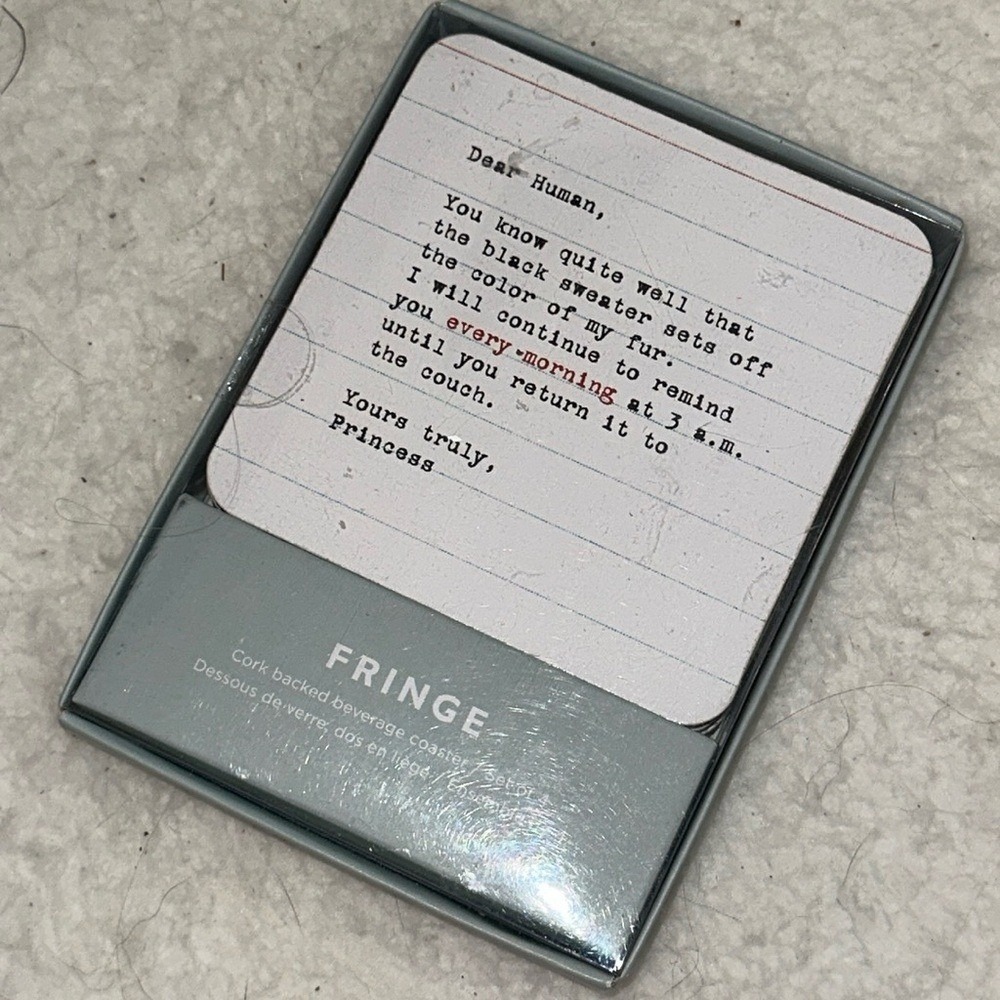 Fringe Studio Pet Shop Cat Note Cork Backed Beverage Coasters Set of 4 New